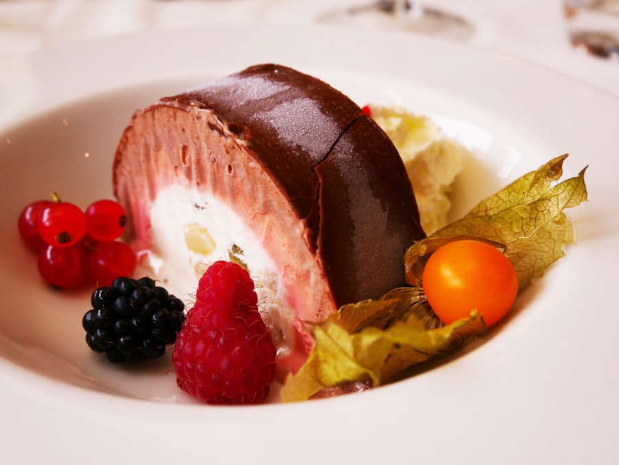 A dessert plated with fresh berries.